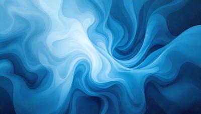 The primary subject of the image is a blue and white painting of a swirling, flowing pattern. The setting is a blue background, which complements the colors of the painting. The visual style is a digital art or illustration, as it appears to be a computer-generated or hand-drawn design. The dominant colors are blue and white, creating a calming and serene atmosphere.