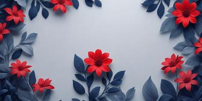 The primary subject of the image is a red flower with green leaves, which is the main object in the scene. The setting is a white wall, and the visual style is a digital art or illustration. The dominant colors in the image are red and green, creating a vibrant and lively atmosphere.