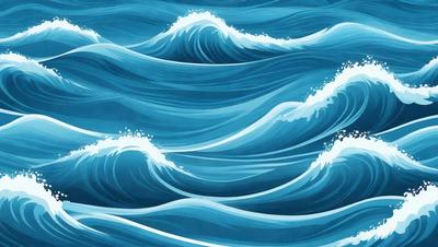 The primary subject of the image is a large body of blue water with waves. The setting is the ocean, and the visual style is a digital art illustration. The dominant colors are blue and white, creating a calm and serene atmosphere.