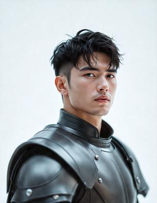 The primary subject of the image is a man wearing a black armor, possibly a medieval knight. He is looking directly at the camera, with a focused expression. The setting appears to be a white background, which provides a clean and minimalistic backdrop for the man's portrait. The visual style of the image is a close-up portrait, emphasizing the man's features and the intricate details of his armor. The colors in the image are predominantly black, which adds a sense of drama and intensity to