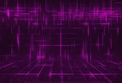 The primary subject of the image is a purple background with a pattern of pink and purple squares. The setting is a dark room, and the visual style appears to be a digital art or illustration. The dominant colors and overall atmosphere are a mix of purple and pink, creating a visually striking and somewhat mysterious environment.