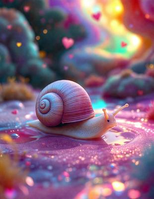 Primary subject: A pink and white snail.
Setting/background: A colorful, rainbow-colored landscape with a tree and a pink surface.
Visual style: Digital art.
Colors and mood: The image is bright and colorful, with a cheerful and whimsical atmosphere.