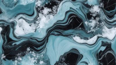 The primary subject of the image is a blue and white marbled pattern, which appears to be a piece of art or a decorative item. The setting is a black background, which contrasts with the blue and white marbled pattern. The visual style of the image is a close-up of the marbled pattern, showcasing its intricate details. The colors and mood of the image are predominantly blue and white, creating a sense of elegance and sophistication.