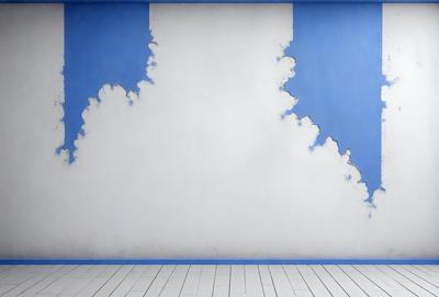 The primary subject of the image is a white wall with a blue border. The setting is a room with a blue wall, and the visual style is a painting. The colors and mood of the image are predominantly blue and white, creating a calm and serene atmosphere.