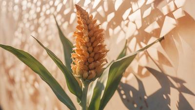 The primary subject of the image is a tall, golden plant with a large flower head. The plant is situated in front of a wall, which serves as the setting or background. The visual style of the image is a photo, capturing the natural beauty of the plant and its surroundings. The dominant colors in the image are yellow and orange, creating a warm and vibrant atmosphere.