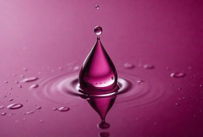 The primary subject of the image is a single drop of purple liquid, which appears to be a water droplet. The setting is a purple background, which creates a striking contrast with the drop. The visual style is a close-up of the drop, emphasizing its unique color and shape. The colors and mood of the image are predominantly purple, giving it a calm and serene atmosphere.