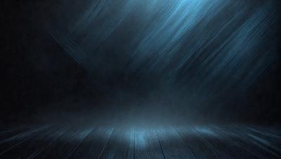 The primary subject of the image is a wooden floor with a blue tint. The setting is a dark room, and the visual style appears to be a photo. The dominant colors are blue and black, creating a moody atmosphere.