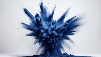 The primary subject of the image is a blue explosion, which appears to be a digital art or illustration. The setting is a white background, and the visual style is a mix of digital art and illustration. The dominant colors in the image are blue and white, creating a dynamic and energetic atmosphere.