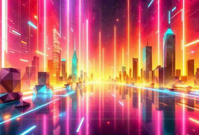 The primary subject of the image is a futuristic cityscape with a pink and blue color scheme. The setting is a city with tall buildings and a skyline. The visual style is a digital art or illustration, creating a vibrant and dynamic atmosphere. The colors and mood of the image are predominantly pink and blue, giving it a unique and captivating appearance.