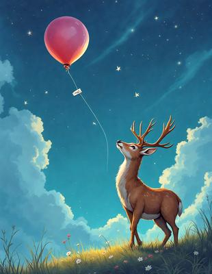 Primary subject: A deer with antlers, looking up at a balloon.

Setting/background: The deer is standing in a field with flowers, and the sky is visible in the background.

Visual style: The image is a digital art illustration.

Colors and mood: The image has a warm and vibrant color palette, with the deer's antlers and the flowers in the field adding a sense of natural beauty.