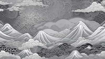 The primary subject of the image is a mountain range with clouds surrounding it. The setting is a mountainous landscape with a cloudy sky. The visual style is a combination of digital art and illustration, creating a dramatic and artistic representation of the mountain range. The colors and mood are predominantly dark and moody, with the clouds and shadows adding depth and intensity to the scene.
