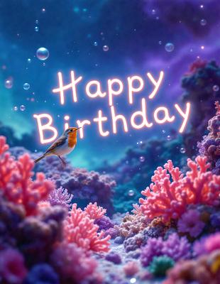 The primary subject of the image is a small bird, which is the main focus of the scene. The bird is perched on a branch in front of a vibrant and colorful background featuring a variety of pink and purple flowers. The visual style of the image is a combination of photo and digital art, creating a unique and eye-catching scene. The colors and mood of the image are lively and cheerful, with the bright pink and purple flowers adding a sense of warmth and happiness to the overall