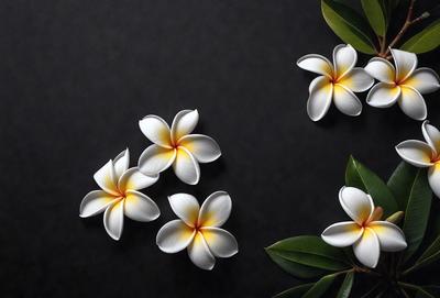 The primary subject of the image is a bouquet of white flowers, which are the main objects in the scene. The flowers are placed on a black background, creating a striking contrast. The visual style of the image is a photo, capturing the beauty of the flowers in detail. The colors and mood of the image are predominantly white, with a touch of yellow, giving it a serene and elegant atmosphere.