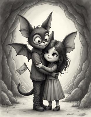 The primary subject of the image is a cartoon character, specifically a boy bat, hugging a girl bat. The setting is a cave, with the two bats standing close to each other. The visual style is an illustration or drawing, with the characters depicted in a cartoon-like manner. The colors and mood of the image are predominantly dark, with the cave providing a moody atmosphere.