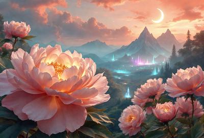Primary subject: Pink flowers
Setting/background: A mountainous landscape with a sunset in the background
Visual style: Digital art
Colors and mood: The flowers are pink, and the overall atmosphere is serene and picturesque.