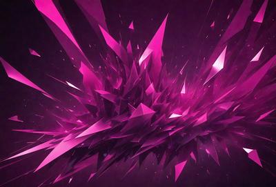 The primary subject of the image is a large, pink, geometric shape with a purple background. The shape appears to be a combination of a cube and a pyramid, with a unique and intricate design. The setting is a dark background, which contrasts with the bright pink and purple colors of the geometric shape. The visual style of the image is a digital art or illustration, showcasing the artist's creativity and skill in crafting a complex and visually striking design. The colors and mood