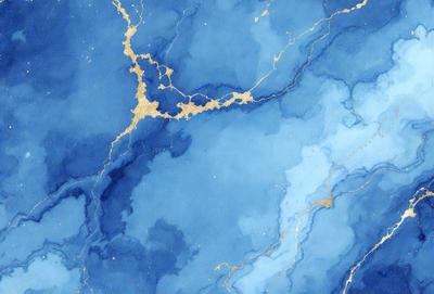 The primary subject of the image is a blue and gold marbled wall. The setting is a room with a blue and gold marbled wall, which serves as the background. The visual style is a painting, with a mix of blue and gold colors creating a rich and luxurious atmosphere.