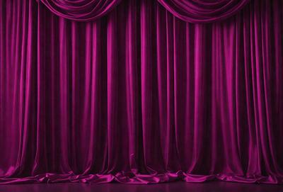The primary subject of the image is a purple curtain. The setting is a stage with a purple curtain in the background. The visual style is a photo, and the colors and mood are predominantly purple, creating a dramatic and theatrical atmosphere.