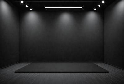 The primary subject of the image is a black stage with a black curtain. The setting is a dark room with a black background, creating a dramatic atmosphere. The visual style is a black and white photo, which adds to the intensity of the scene. The colors and mood are predominantly dark and moody, emphasizing the theatrical nature of the setting.