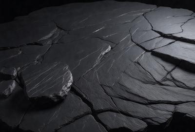 The primary subject of the image is a large, black rock with a hole in the middle. The rock is placed on a black surface, which could be a table or a countertop. The visual style of the image is a close-up of the rock, emphasizing its texture and details. The colors and mood of the image are dark and moody, with the black rock and surface creating a dramatic and intense atmosphere.
