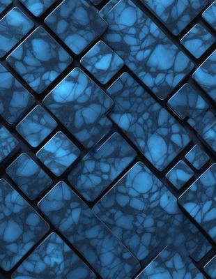 The primary subject of the image is a blue and black patterned surface, which appears to be a blue and black tile or a blue and black keyboard. The setting is a close-up of the pattern, showcasing the intricate design and colors. The visual style is a digital art or illustration, as the pattern is created through a digital medium. The colors and mood of the image are predominantly blue and black, giving it a modern and sleek appearance.
