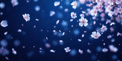 The primary subject of the image is a beautiful display of pink flowers floating in the air. The setting is a dark blue sky, creating a contrasting backdrop for the flowers. The visual style of the image is a photo, capturing the delicate petals and the overall atmosphere of the scene. The colors and mood of the image are predominantly pink, creating a sense of warmth and tranquility.