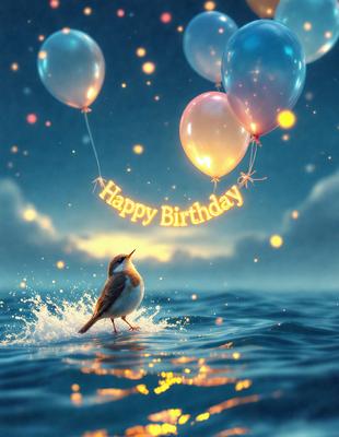 The primary subject of the image is a small bird, which is the main focus of the scene. The bird is standing on a body of water, possibly a lake or a pond, with a few balloons floating in the background. The visual style of the image is a digital art or illustration, creating a whimsical and playful atmosphere. The colors in the image are predominantly blue, which adds to the serene and calming mood of the scene.