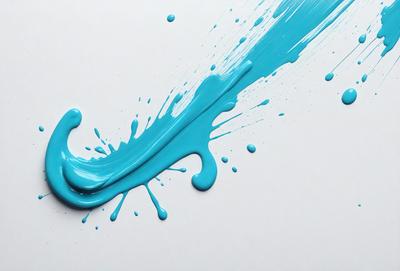 The primary subject of the image is a blue paint splatter on a white surface. The setting is a white background, and the visual style appears to be a close-up of the paint splatter. The dominant colors are blue and white, creating a clean and vibrant atmosphere.