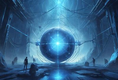The primary subject of the image is a large, blue, glowing sphere, which appears to be a central point of interest. The setting is a futuristic, space-like environment, with a backdrop of a large, dark structure. The visual style of the image is digital art, as it is a detailed and intricate illustration. The colors and mood of the image are predominantly dark and mysterious, with the blue glow of the sphere providing a contrasting element of light.