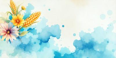 The primary subject of the image is a large, colorful cornflower. The setting is a blue, cloudy sky, which serves as the backdrop for the cornflower. The visual style is a combination of digital art and illustration, creating a vibrant and lively atmosphere. The dominant colors are blue and green, with the cornflower being the main focus of the image.