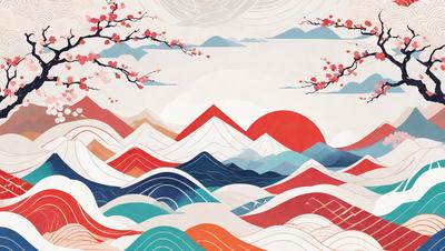 The primary subject of the image is a mountainous landscape with a sunset in the background. The setting is a mountain range with a cloudy sky, and the visual style is a combination of digital art and illustration. The dominant colors are red, orange, and blue, creating a warm and serene atmosphere.