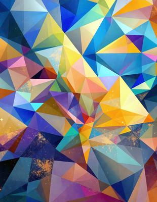The primary subject of the image is a colorful, geometric pattern. The setting is a space-themed background, which adds to the overall visual style. The colors and mood of the image are vibrant and lively, with a mix of blue, yellow, and orange hues. The pattern is composed of triangles, creating a unique and eye-catching design.