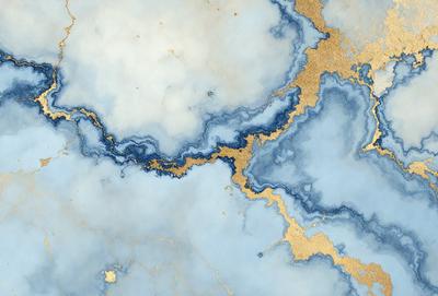 The primary subject of the image is a blue and gold marbled wall. The setting is a room with a blue and gold marbled wall, which serves as the background. The visual style is a combination of digital art and illustration, creating a unique and artistic representation of the marbled wall. The dominant colors are blue and gold, giving the wall a luxurious and elegant appearance.