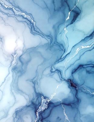The primary subject of the image is a blue and white marble-like surface with a swirling pattern. The setting is a blue and white marble-like surface, which is the main object, scene, or focus of the image. The visual style is a digital art, illustration, or drawing, as the image is a digital artwork. The colors and mood are predominantly blue and white, creating a calm and serene atmosphere.