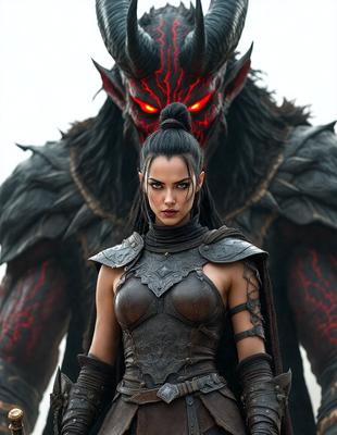 The primary subject of the image is a woman wearing a metal armor, standing in front of a demon-like creature. The setting appears to be a dark and ominous environment, possibly a fantasy or horror scene. The visual style of the image is a combination of photo and digital art, creating a striking and dramatic scene. The colors and mood of the image are predominantly dark and intense, with the woman's armor and the demon's appearance adding to the overall atmosphere.