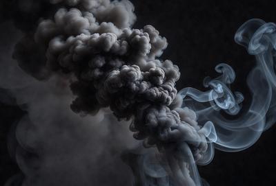 The primary subject of the image is a large, dark, and smoky cloud. The setting is a dark background, which contrasts with the cloud, creating a dramatic visual effect. The visual style is a black and white photo, which adds to the mood of the scene. The colors and mood of the image are predominantly dark and moody, with the cloud serving as the focal point of the image.