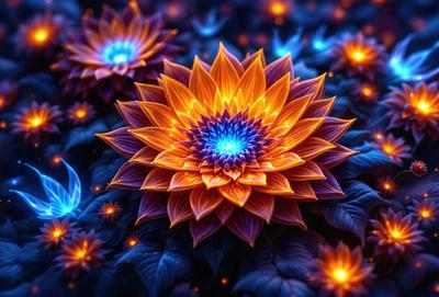 The primary subject of the image is a large, vibrant flower with a blue center, surrounded by a field of blue flowers. The setting is a field of flowers, and the visual style is a combination of photo and digital art. The dominant colors are blue and orange, creating a lively and energetic atmosphere.