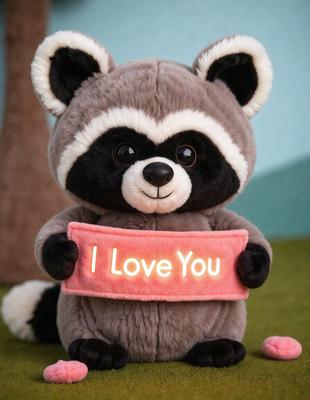 The primary subject of the image is a stuffed animal, specifically a stuffed raccoon, holding a sign that reads "I love you." The setting is a green background, and the visual style appears to be a photo. The colors in the image are predominantly pink and green, creating a warm and loving atmosphere.