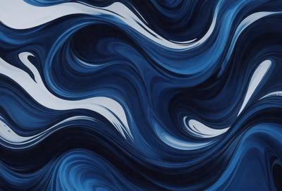 The primary subject of the image is a blue and white ocean wave. The setting is the ocean, with the wave being the main focus of the image. The visual style is a digital art or illustration, as the wave is depicted in a detailed and artistic manner. The dominant colors in the image are blue and white, creating a serene and calming atmosphere.