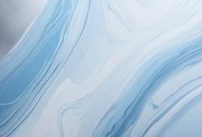 The primary subject of the image is a large, blue, swirling pattern on a white surface. The setting appears to be a white wall, and the visual style is a combination of a photo and digital art. The dominant colors are blue and white, creating a calming and serene atmosphere.
