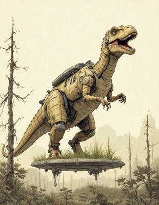 The primary subject of the image is a large, robotic-looking dinosaur with a backpack on its back. The dinosaur is standing on a platform, which is situated in a forest setting. The visual style of the image is a combination of digital art and illustration, giving it a unique and futuristic appearance. The colors and mood of the image are predominantly dark and moody, with the robotic dinosaur and the forest creating a sense of mystery and intrigue.