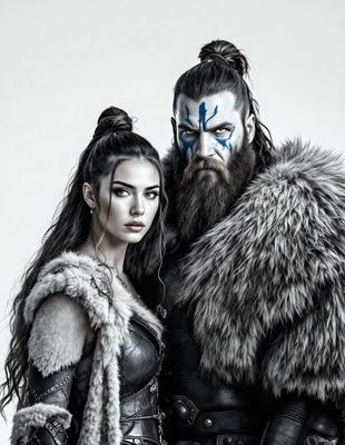 The primary subject of the image is a man and a woman standing together. The man has a beard and is wearing a blue and white patterned shirt. The woman is wearing a black dress and has her hair in a bun. They are both looking at the camera. The setting is a studio, and the visual style is a digital art illustration. The colors and mood of the image are dark and dramatic, with the man and woman appearing to be in a serious or intense moment.