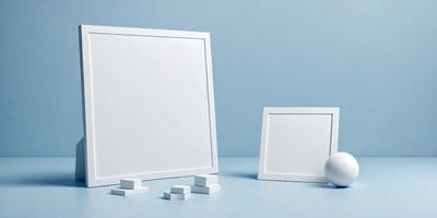 The primary subject of the image is a white picture frame. The setting is a blue background, which creates a contrasting and visually appealing environment. The visual style is a photo, capturing the details of the picture frame and its surroundings. The colors and mood of the image are predominantly blue and calm, giving the scene a serene and tranquil atmosphere.