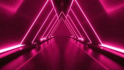 The primary subject of the image is a long, narrow hallway with a pink lighting effect. The setting is a dark room with a pink glow, creating a unique atmosphere. The visual style is a combination of a photo and digital art, as the pink lighting and the hallway's shape are both distinctive and eye-catching. The colors and mood of the image are predominantly pink, giving it a warm and inviting feel.