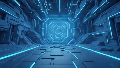 The primary subject of the image is a futuristic, blue-lit room with a circular pattern on the walls. The setting is a dark, futuristic environment, and the visual style is a combination of digital art and illustration. The dominant colors are blue and black, creating a moody and futuristic atmosphere.