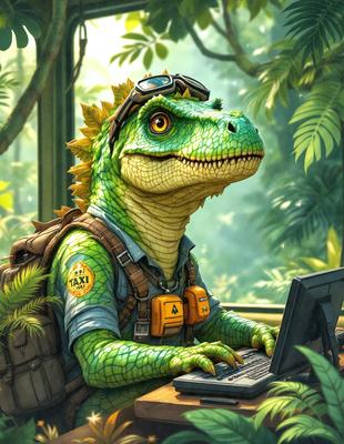 Primary subject: Dinosaur
Setting/background: Jungle
Visual style: Digital art
Colors and mood: Green and lush