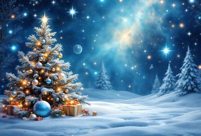 Primary subject: A Christmas tree with ornaments and a bow.

Setting/background: A snowy landscape with a blue sky.

Visual style: Digital art.

Colors and mood: The primary colors are blue, white, and gold. The overall atmosphere is festive and joyful.