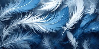 The primary subject of the image is a large group of white feathers, which are the primary focus of the scene. The feathers are arranged in a visually appealing manner, creating a sense of depth and dimension. The setting is a blue background, which contrasts nicely with the white feathers, adding to the overall visual appeal of the image. The visual style of the image is a combination of photo and digital art, resulting in a high-quality, detailed representation of the feathers. The colors and mood of the image are
