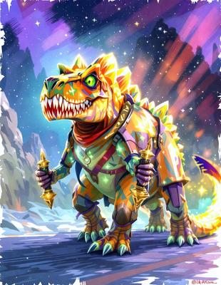 The primary subject of the image is a colorful, cartoon-like dinosaur with a green and orange color scheme. The dinosaur is standing on a road, surrounded by a rocky landscape. The visual style of the image is digital art, with a vibrant and lively atmosphere.