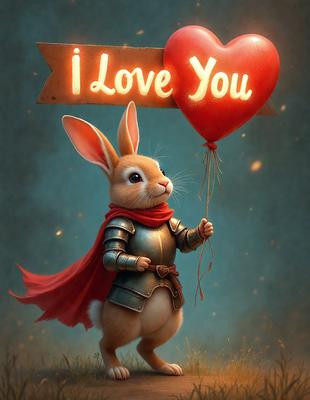 The primary subject of the image is a cute bunny holding a red balloon. The setting is a grassy field, and the visual style is a digital art illustration. The colors are predominantly red and orange, creating a warm and cheerful atmosphere.